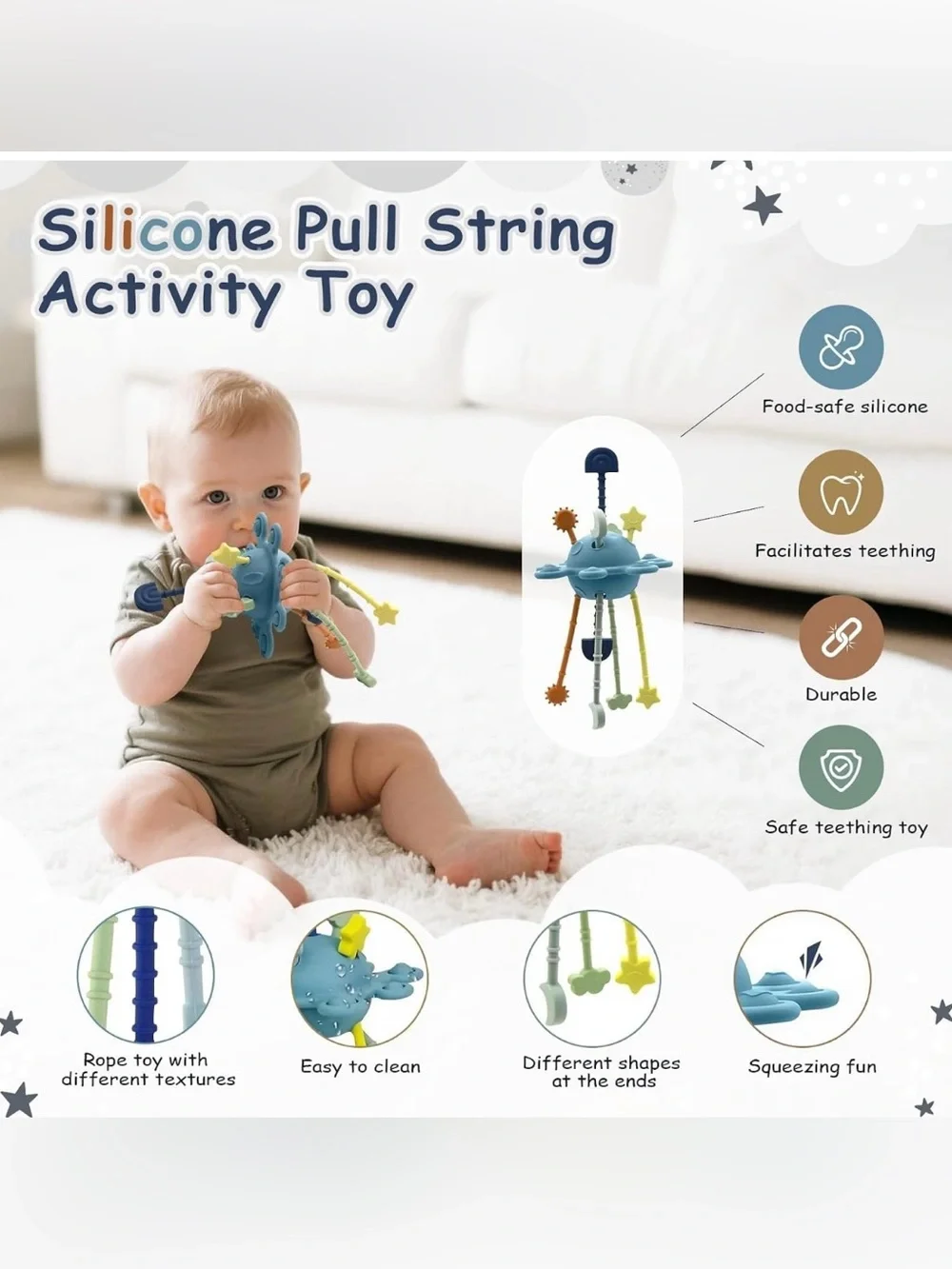 100% Silicone Pull-String Teething Sensory activity Toy for Babies gift 0+ month
